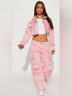 Fashion Nova 2 Piece Set Washed Pink Cropped Utility Jacket & Cargo Jean Size 18